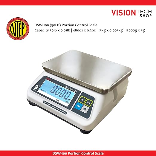 VisionTechShop DSW-100 Portion Food Scale with Single LCD Display, Stainless Steel Platter, 30lb Capacity, 0.01lb Readability, Lb/Oz/Kg/g Switchable, NTEP COC #22-007, NSF Certified