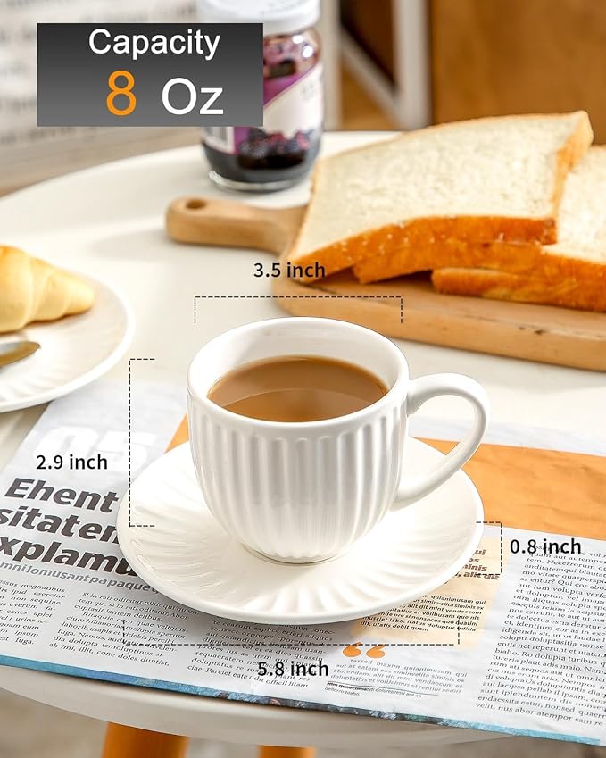 Ceramic Espresso Cups with Saucers 8 Oz,Set of 4 Porcelain Demitasse Cups Set,Small Coffee Cups with Handle for Coffee,Tea,Latte and Macchiato,Cappuccino Mugs for Kitchen and Cafe,White