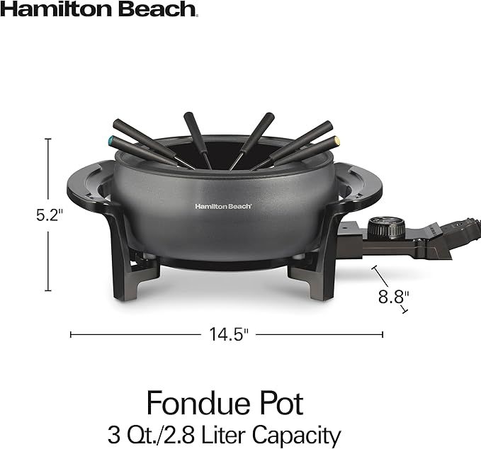 Hamilton Beach 12 Cup Electric Fondue Pot Set with Temperature Control, 6-Color Coded Forks, for Cheese, Chocolate, Hot Oil, Broth, 3 Quart PFAS-Free Nonstick Interior, Gray (86202) (Pack of 2)