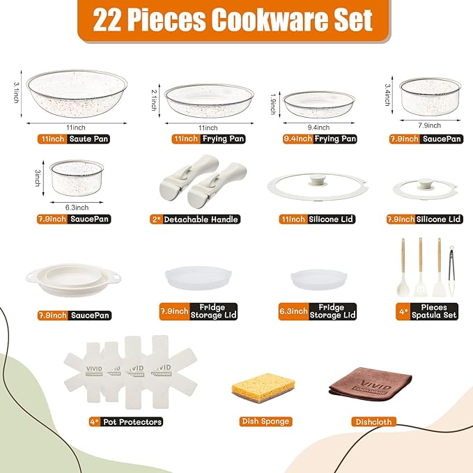 22Pcs Pots and Pans Set, Nonstick Cookware Sets, Cream White Induction Cookware Non Stick Ceramic Cooking Set with Frying Pans & Saucepans (PFOS, PFOA Free)
