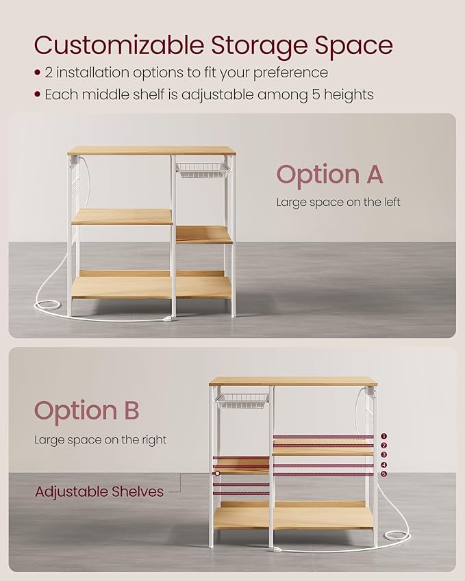VASAGLE Baker's Rack, Coffee Bar Stand with Charging Station, Storage Shelves, Pull-Out Wire Basket, Table for Microwave, Kitchen, Oak Beige UKKS036Y09, 15.7 x 35.4 x 35.6 Inches