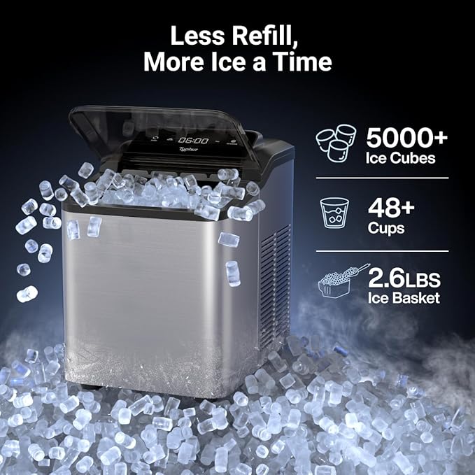 Typhur Fast Nugget Ice Maker Countertop with Self-Cleaning Pump, 35lbs/24H Crushed Pebble Ice Machine with Pellet Ice, 8 Packs Cleaner, Dual Ice Scoops for Home, Kitchen, Party, RV, Stainless Steel