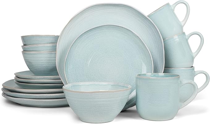 Elanze Designs Reactive Glaze Farmhouse Rustic Boho Ceramic Stoneware Dinnerware 16 Piece Plate Bowl Mug Dish Set - Service for 4, Ice Blue