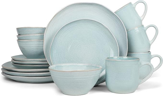 Elanze Designs Reactive Glaze Farmhouse Rustic Boho Ceramic Stoneware Dinnerware 16 Piece Plate Bowl Mug Dish Set - Service for 4, Ice Blue