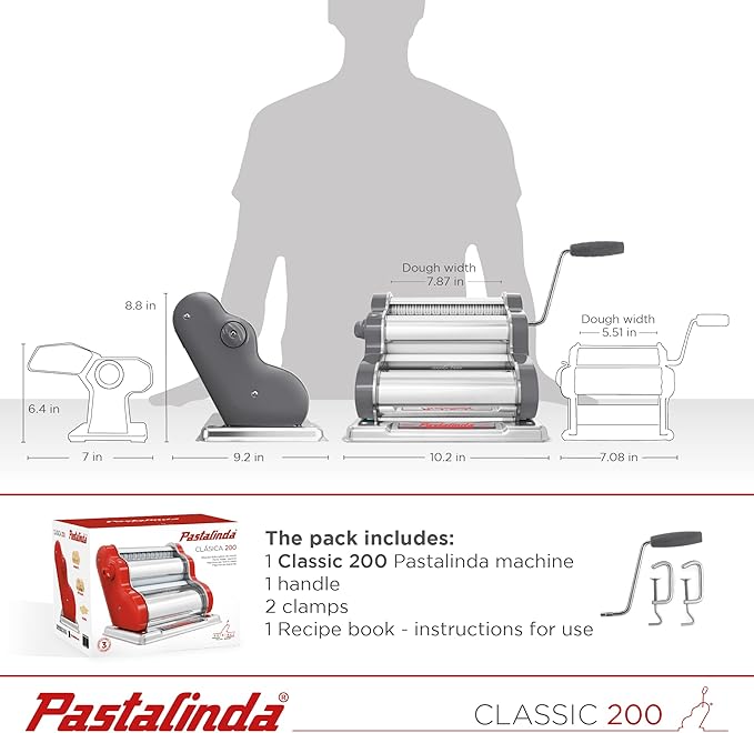 PASTALINDAClassic 200 Pasta Maker Machine, 20 cm Wide Rollers, 9 Thickness Positions, 2 Cutting Positions, Stainless Steel. Includes Reinforced Hand Crank And Two Clamps (Gray)