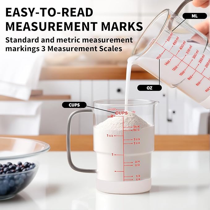 Newness 2-Cup Glass Measuring Cup For Baking and Cooking, (Upgraded, 3 Marking Including Cup/ML/Ounce Scale) Dishwasher, Freezer, Microwave, and Preheated Oven Safe, Essential Kitchen Tools