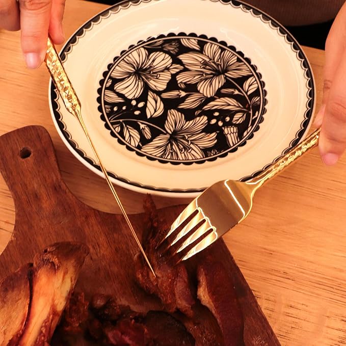 18/10 Stainless Steel Flatware Set Hand Forged Silverware Set Cutlery Set Shiny Gold Round Hammered Handle Mirror Finished 20 Pieces Service for 4