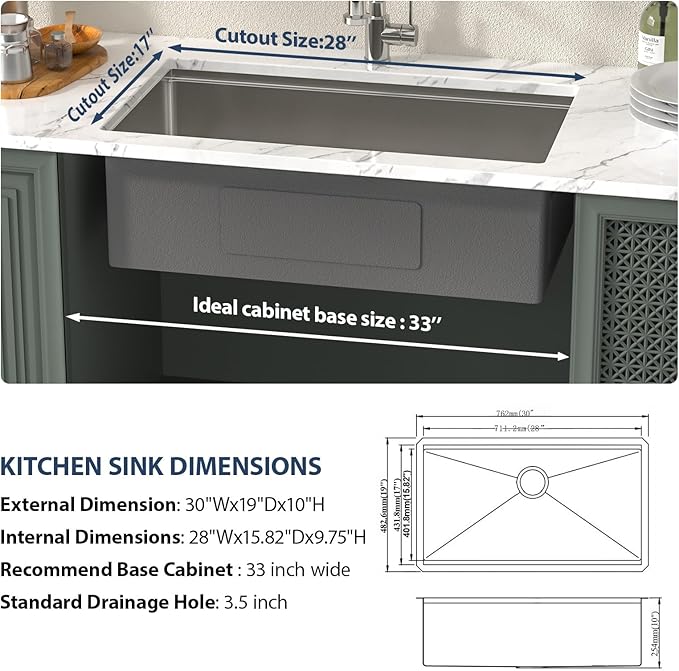 Lordear 30 Inch Undermount Kitchen Sink Workstation 16 Gauge Stainless Steel Under Counter Single Bowl Handmade Kitchen Sinks Basin 30x19x10 Inch