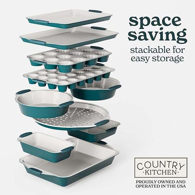 Country Kitchen Nonstick Stackable Bakeware Set - Heavy Duty, Durable, Easy Release Baking Set, Sage, 10 Pcs