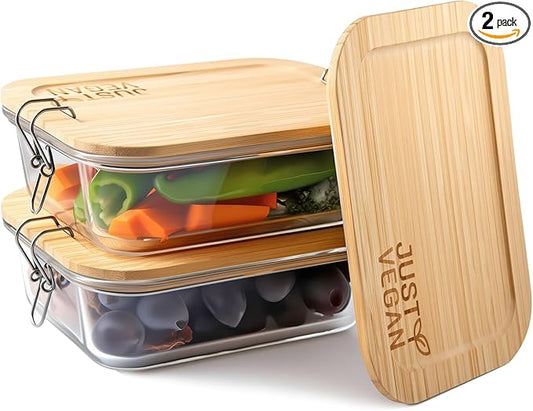 Airtight Glass Food Storage Containers with Bamboo Lids, Set of 2 Secure-Seal Containers for Meal Prep, 100% Leakproof, Plastic Free, Oven & Microwave Safe (2 Pack)