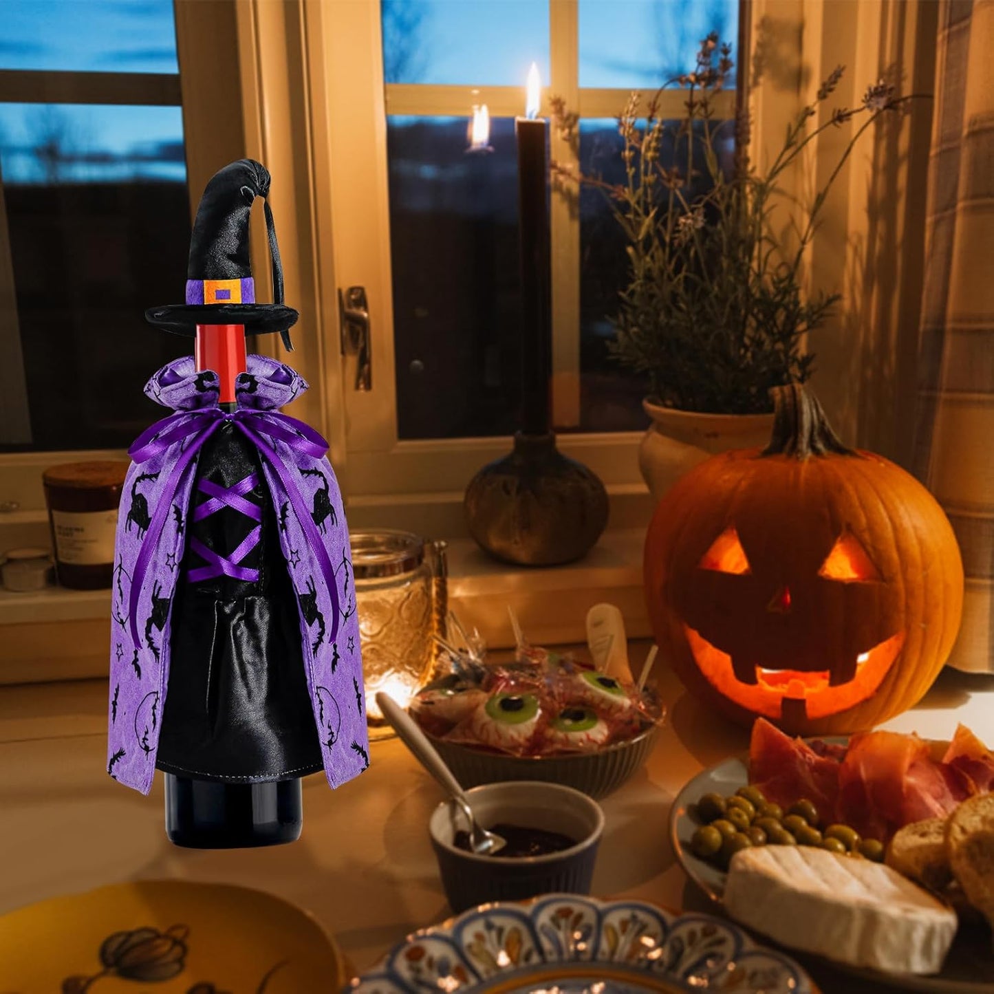 LOMIMOS Witch Halloween Wine Bottle Cover,Non-Fabric Ideal Gift for Hostess Best Party Table Decor (2PCS)