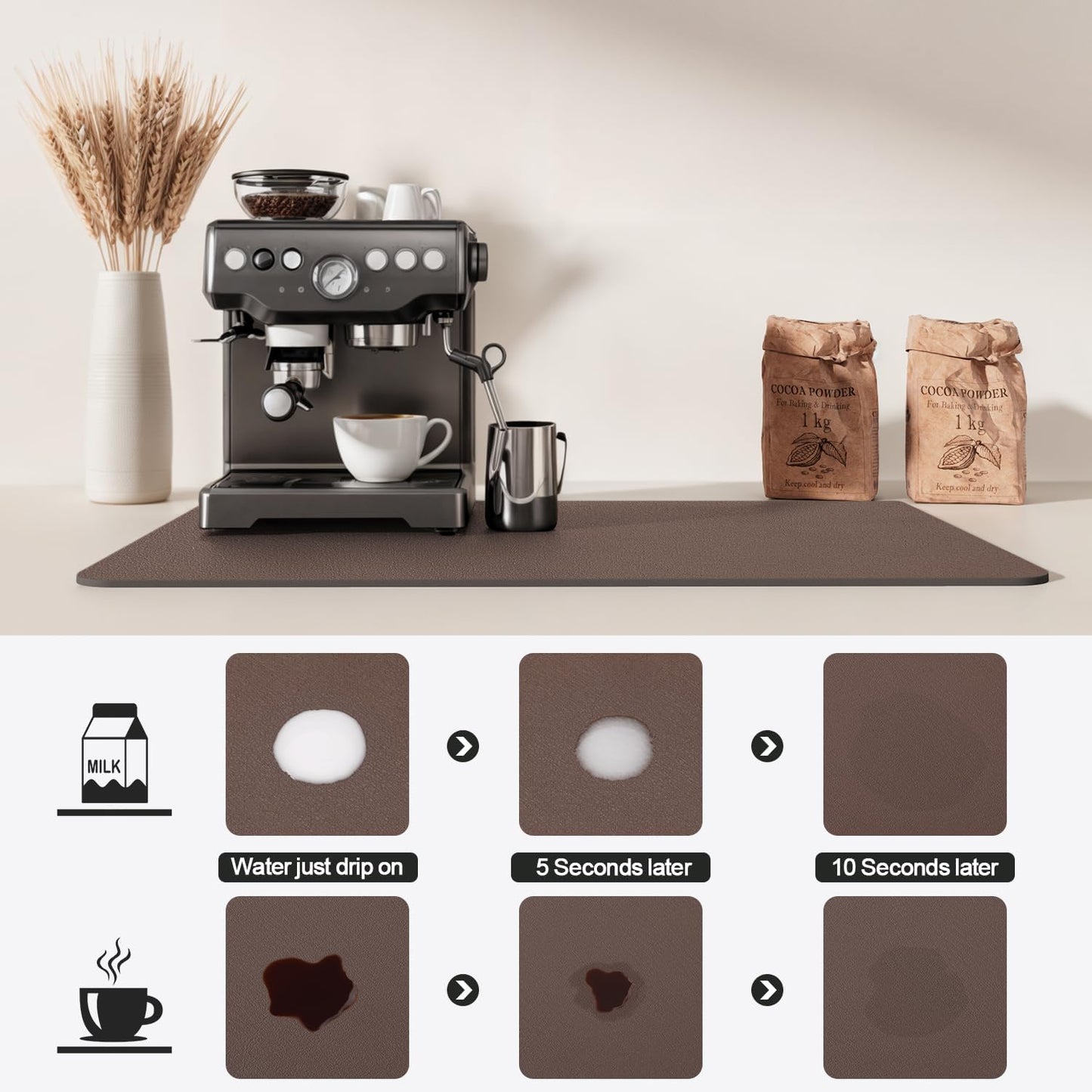 Dish Drying Mat for Kitchen Counter | Coffee Bar Mat for Countertops | Heat Resistant Drainer Mat with Non-slip Rubber Backed | Hide Stain Kitchen Absorbent Draining Mat | Brown 18"x32"