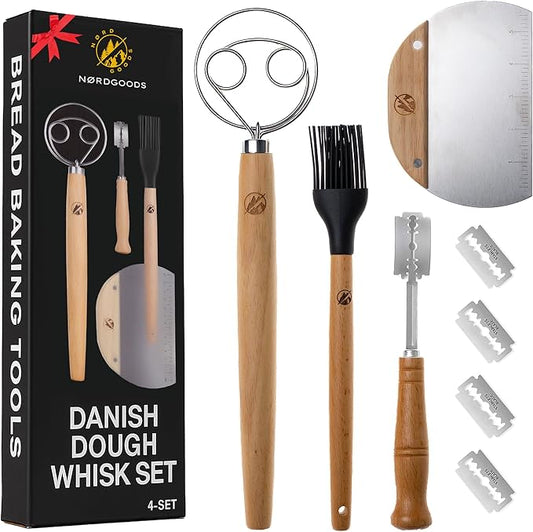 Danish Dough Whisk Stainless Steel Set 4PCS – Dough Hook 13'', Sourdough & Bread Making Tools Kit – Includes Wooden Bench Scraper, Bread Lame & Pastry Brush – Top Sour Dough Tools for Baking
