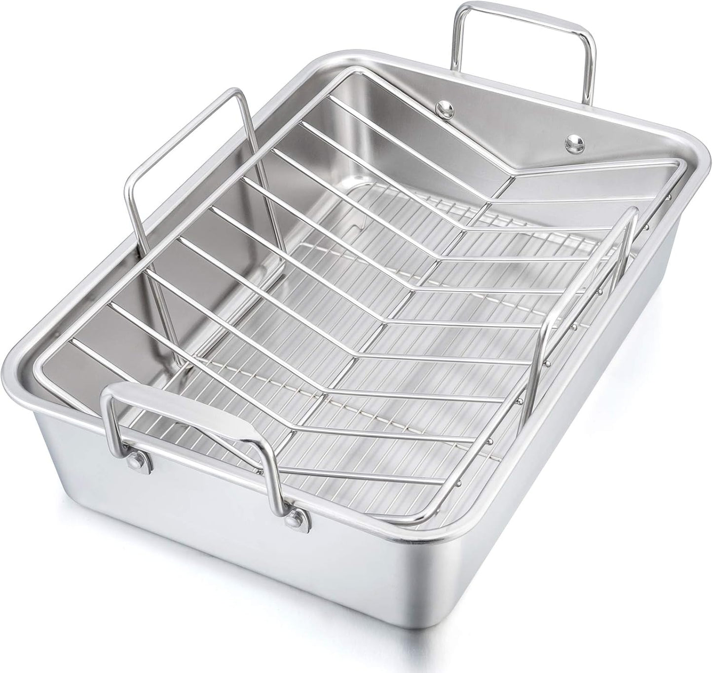 P&P CHEF 16" Roaster Roasting Pan with Baking Rack and V-shaped Rack, Stainless Steel Rectangular Lasagna Pan with Handles for Turkey Chicken, Healthy & Dishwasher Safe, 3 Pieces, Silver