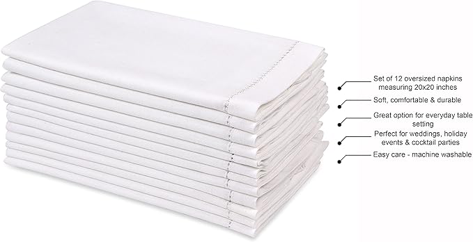 Hausattire Cloth Napkins 12 Pack 20x20 Inches Flax Cotton Washable and Reusable Table Dinner Napkins for Hotel, Restaurant, Weddings,Parties| Absorbent Cloth Napkins Thanksgiving Decor|White