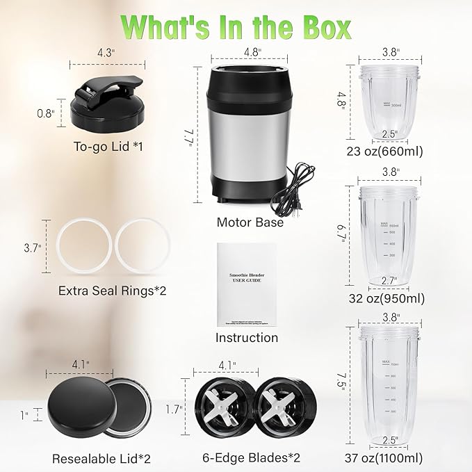 Nahida Blender for Smoothies, 1200W Smoothie Blender for Ice Crushing, Blenders with (2) 6-Fin Blades, Personal Blenders for Kitchen with 23oz, 32oz, 37oz Easy Go Cups for Juices, Silver