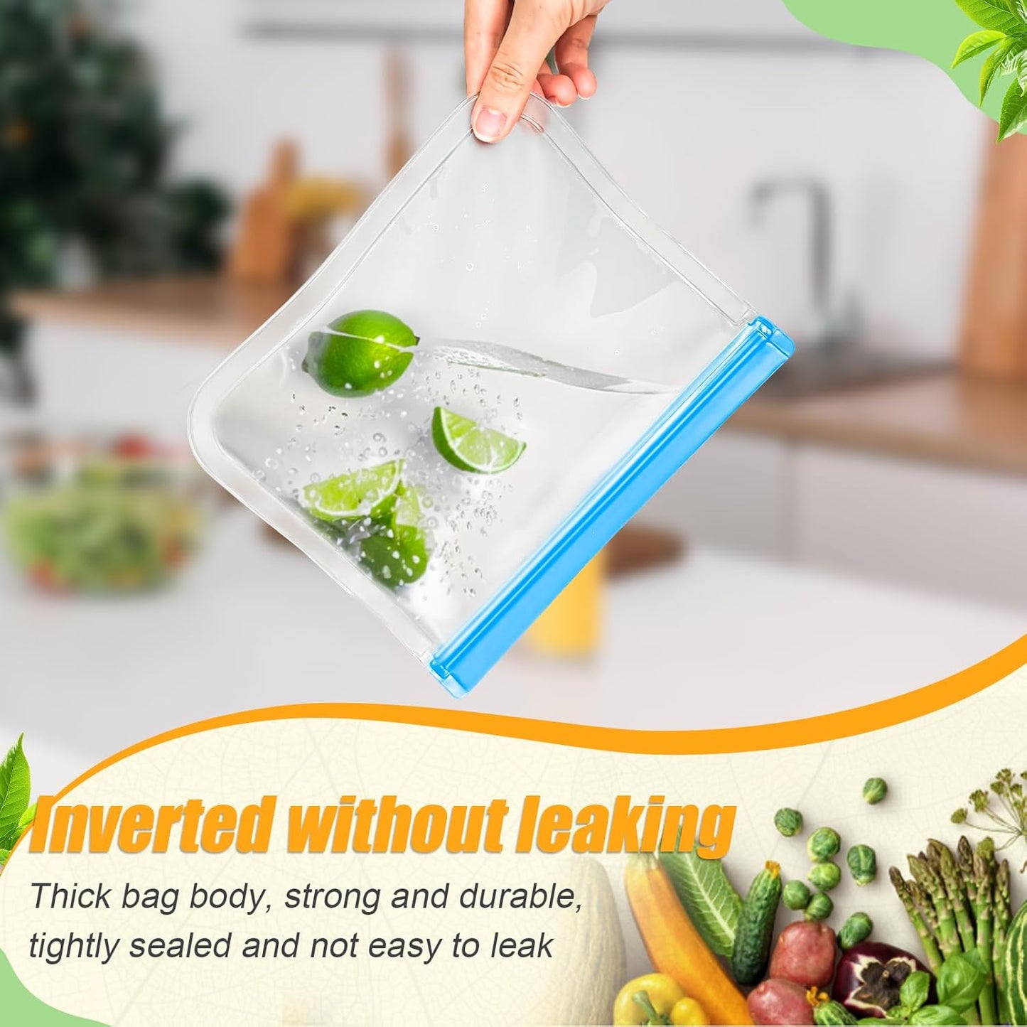 10 Pack Reusable Storage Bags, Dishwasher Safe Reusable Silicone Leak proof Freezer Bag for Food Storage Containers, Lunch, Sandwich, Marinate Meat, Salad Fruit 11'' x 10.6''