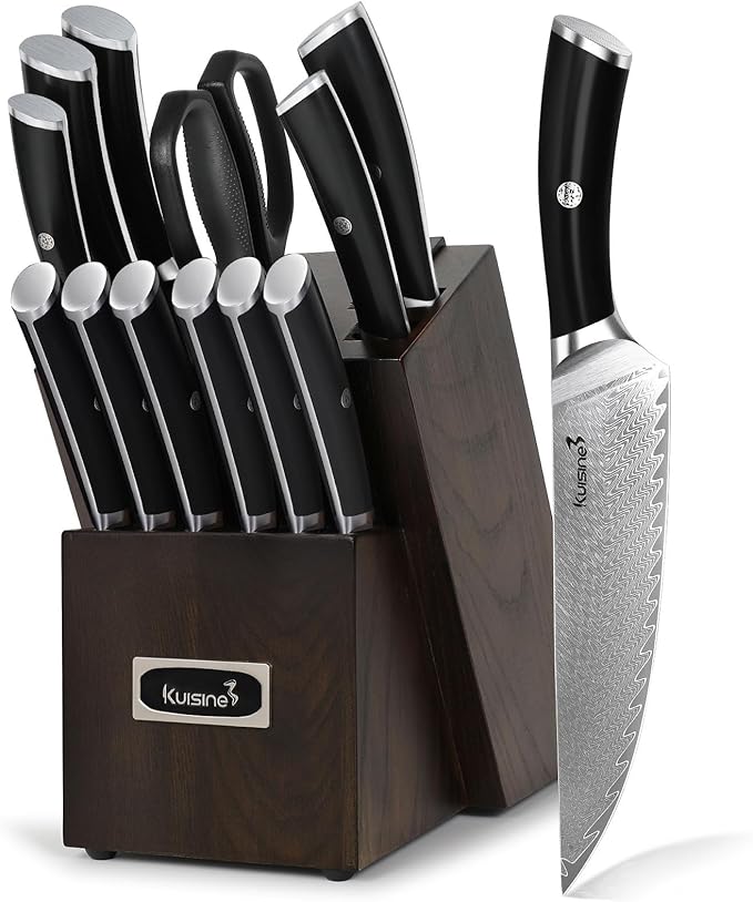 Damascus Knife Block Set,Sharp Knife Set,Ergonomic Non-slip Handle,Chef Knife Set with Built-in Sharpener,Luxury Gift for Holiday(Silver,14PCS)