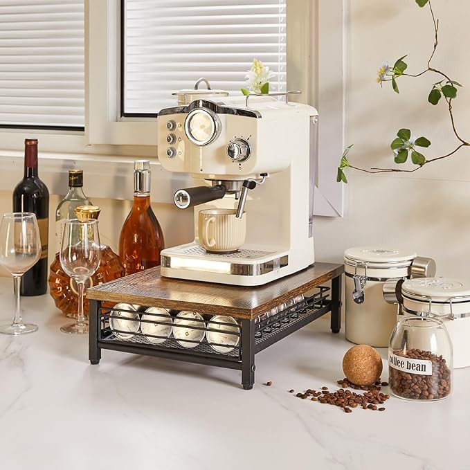 IBUYKE Coffee Pod Drawer Holder,40 Capsule Pods,Compatible for Nespresso Vertuo Pods,Wooden Top and Mesh Shelves,Home Kitchen Counter Coffee Bar Organizer, Rustic Brown,TCJ101H