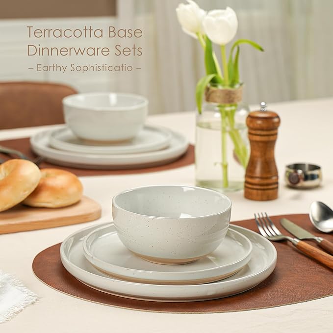 12 Pieces Farmhouse Stoneware Dinnerware Sets, Speckled Ceramic Plates and Bowls Set, Matte Terracotta Underside Ceramic Dishes Set for 4, Scratch Resistant Microwave & Dishwasher Safe(Glacier White)