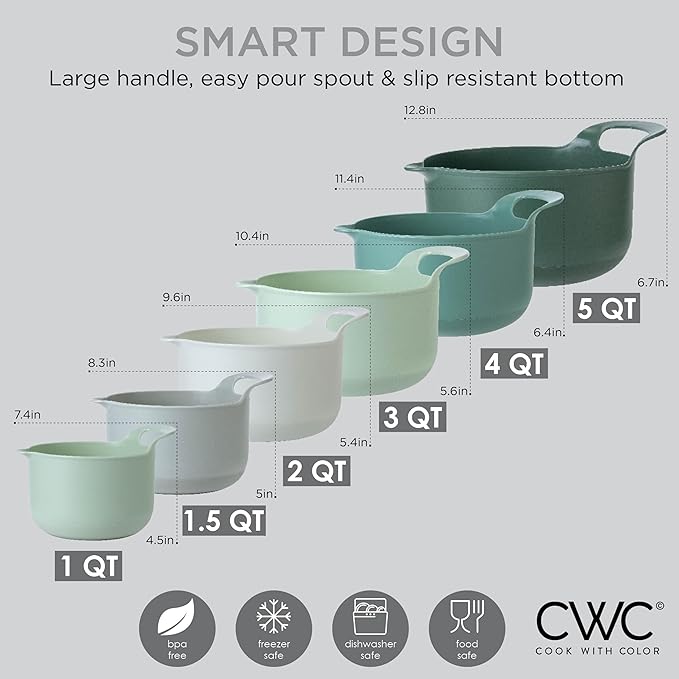 COOK WITH COLOR Nesting Plastic Mixing Bowl Set with Pour Spouts and Handles, Sage, 6 Piece Non-Slip