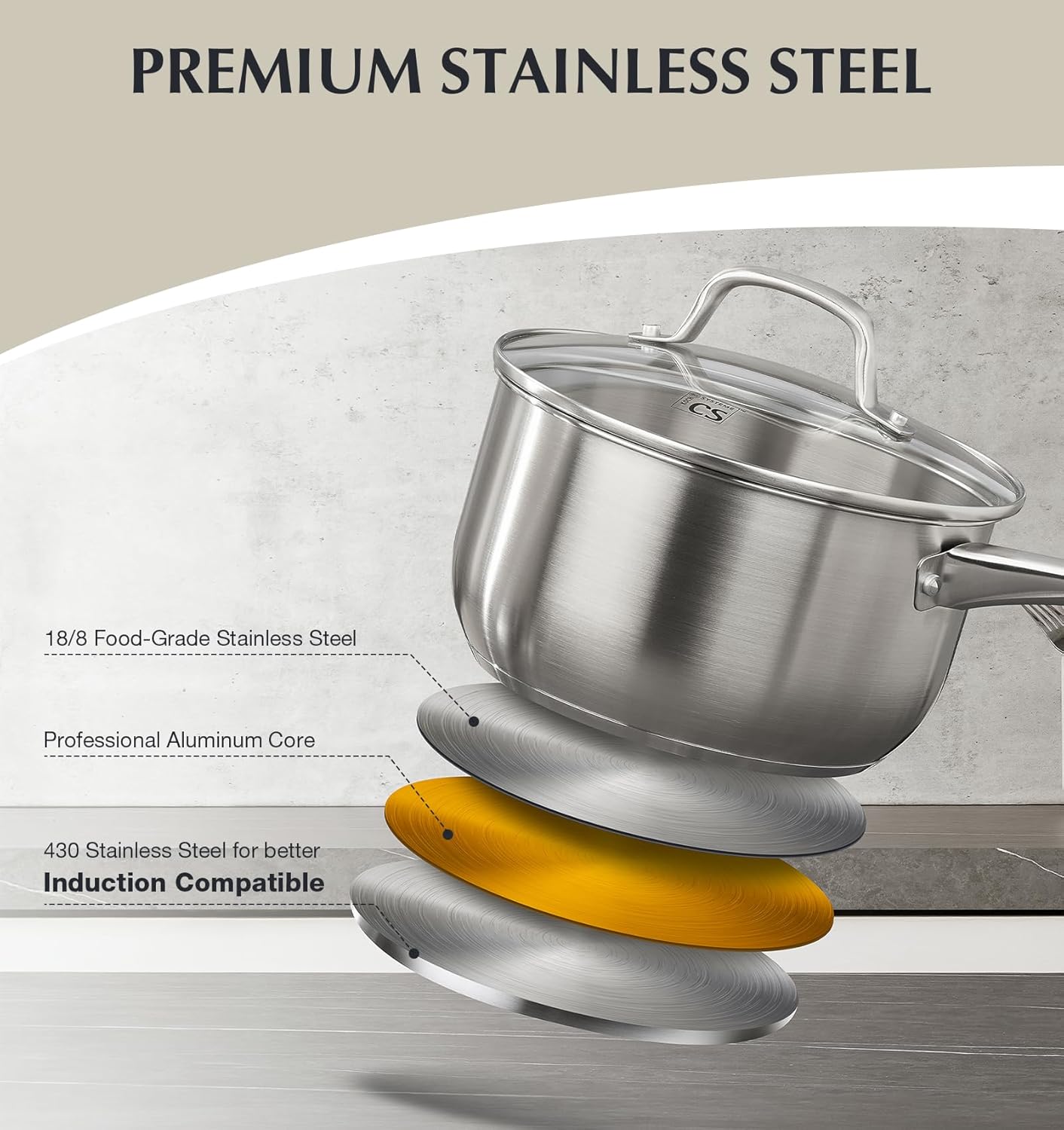 KOCH SYSTEME CS Stainless Steel Pots and Pans Set, 10 Piece Stainless Steel Cookware Set for Professional Cooking, Kitchen Cookware Sets, Induction Compatible Cookware Set 10 Pcs, Pots and Pans