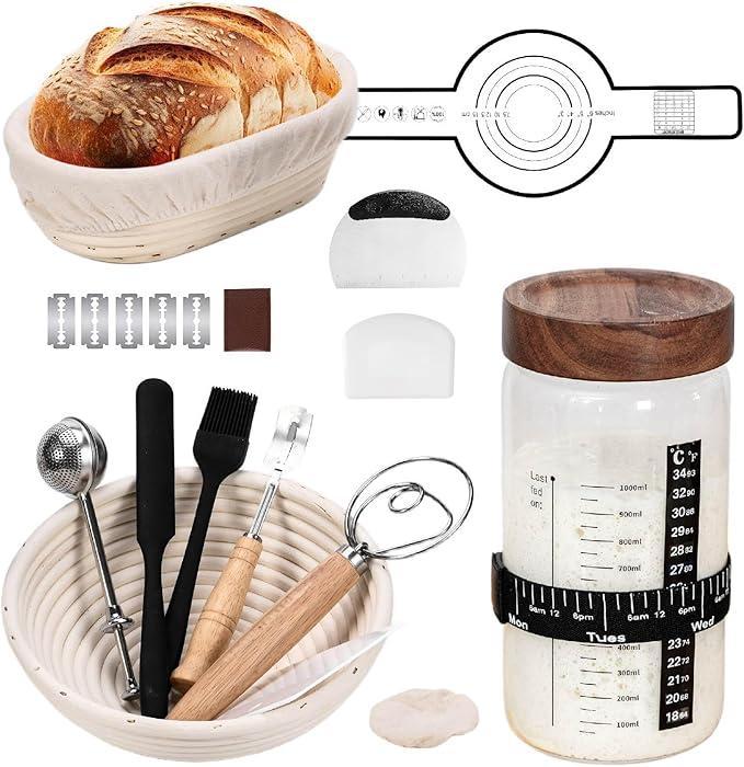 Sourdough Bread Baking Supplies and Starter Kit (2 rattan Banneton Bread Proofing Baskets and a jar)