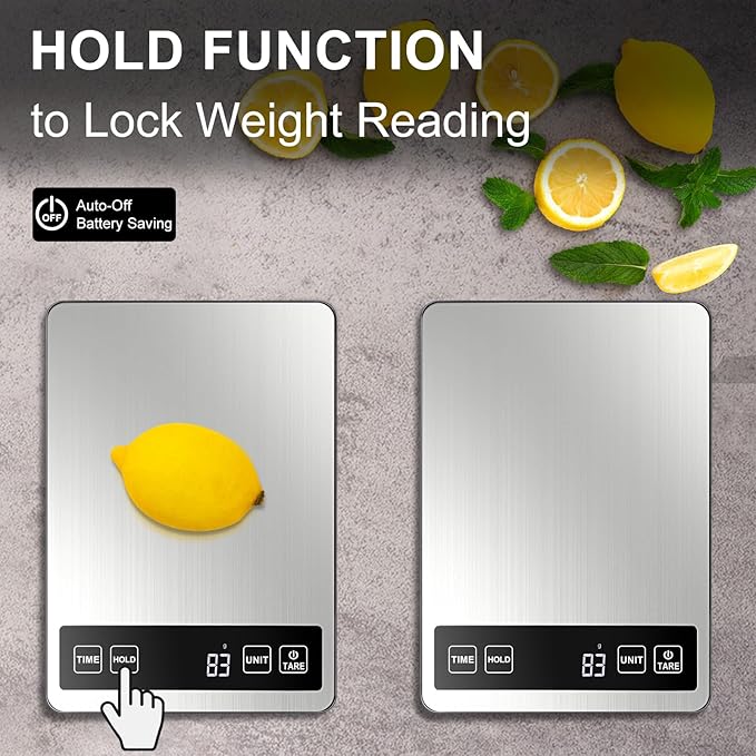 Fuzion Food Scale, 1g/0.1oz Kitchen Scale Grams and Ounces - 22lb, 7 Units, Tare & Timer Functions, Rechargeable Power, Tempered Glass & Stainless Steel - Digital Food Scale for Cooking, Baking