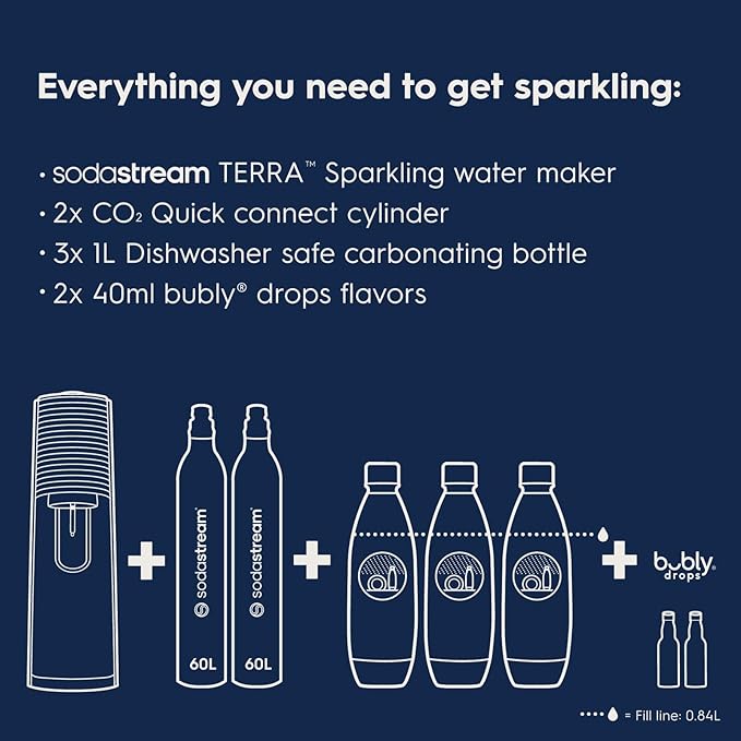 SodaStream Terra Sparkling Water Maker Bundle (Black), with CO2, DWS Bottles, and Bubly Drops Flavors