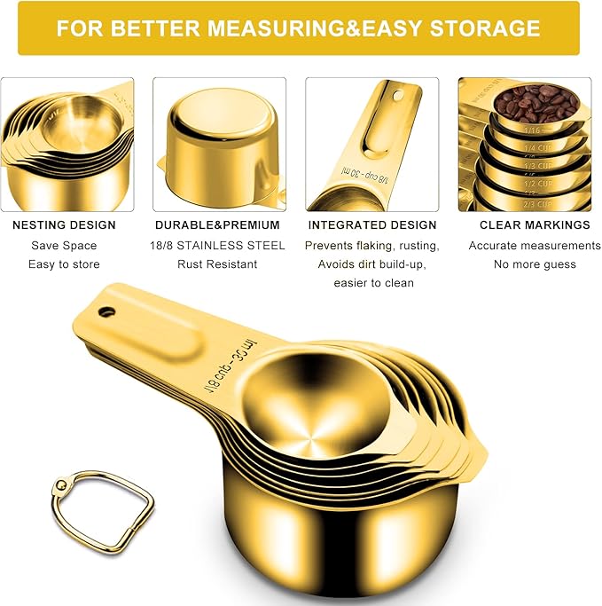 Gold Measuring Cups and Spoons Set of 15, 18/8 Stainless Steel, Includes 7 Nesting Metal Measuring Cups,8 Magnetic Measuring Spoons set - Ideal Kitchen Gadgets for Cooking and Baking Needs