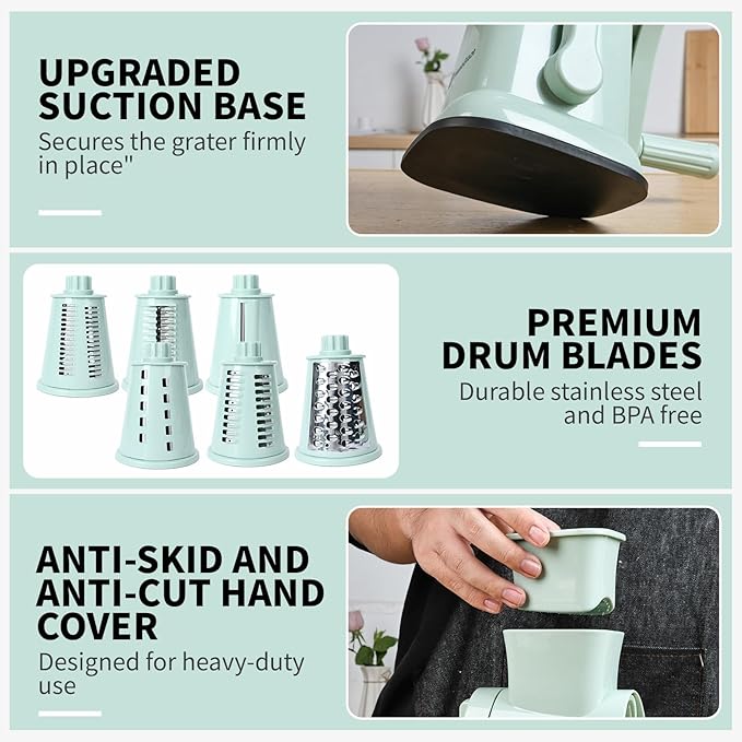 6 in 1 Rotary Cheese Grater Hand Crank with 6 Stainless Steel Blades, Cheese Shredder with Reinforced Suction Base, Grater For Cheese, Vegetables, Nuts and Ice, Easy to Clean