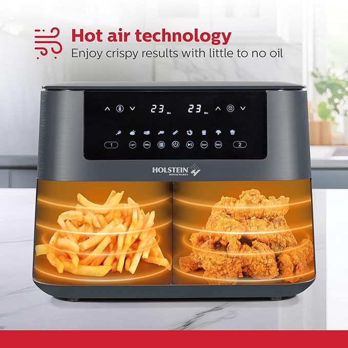 Holstein Housewares 8.4 QT Dual Basket Digital Air Fryer with LED touchscreen – Family Size Viewing Windows, Air Technology for Less Oil Use, Fry, Bake, Grill Roast, 8-in-1 Appliance