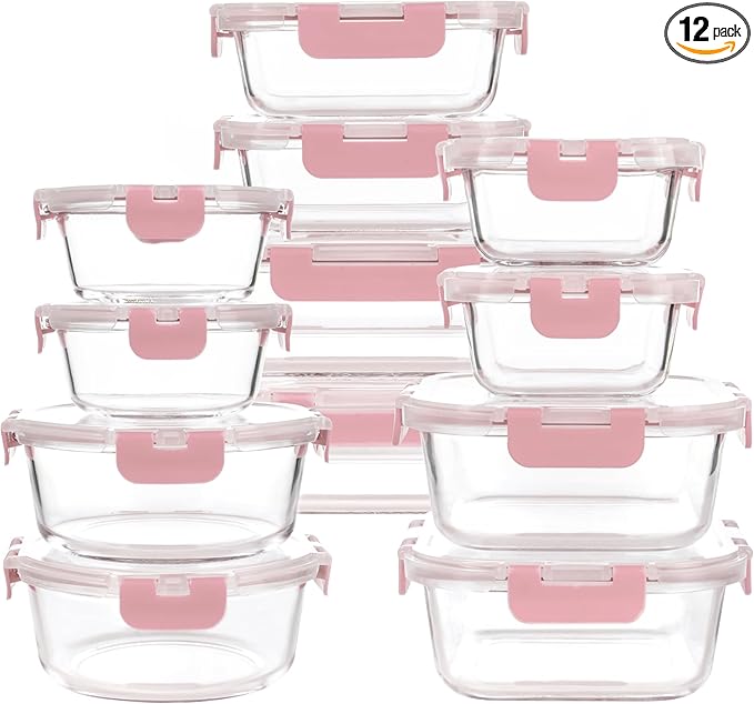 12 Pack Glass Storage Containers with Lids, Glass Meal Prep Containers Set, Airtight Food Storage Containers, Pink