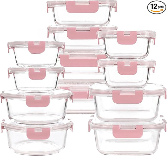 12 Pack Glass Storage Containers with Lids, Glass Meal Prep Containers Set, Airtight Food Storage Containers, Pink
