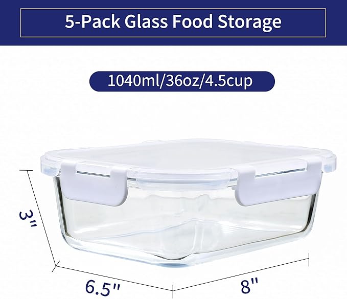 MFY 5-Pack 36 OZ Glass Storage Containers with Lids, Glass Meal Prep Containers Set, Airtight Lunch Containers with Lids, Microwave, Oven, Freezer and Dishwasher Safe, White