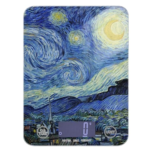 Food Scale Kitchen Digital Scale Food Ounces and Grams Dieting Baking Cooking Waterproof Glass Panels LCD Display,4 Units Scale Tare Function Vangogh Starry Night