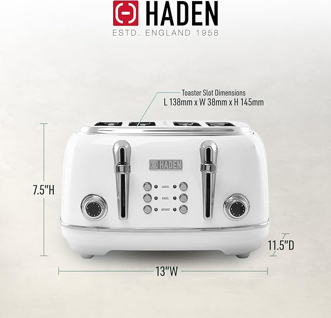 HADEN Heritage 4-Slice Toaster with Extra Wide Slots, 1500-Watt, Ivory & Chrome - Retro Stainless Steel Design with Self-Centering Function, Adjustable Browning Control & Removable Crumb Tray