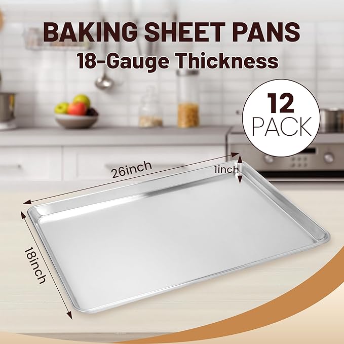 12 Pack Full Size Baking Sheet Pan Aluminum Commercial Pan for Oven Freezer Bakery Hotel Restaurant 26" × 18"