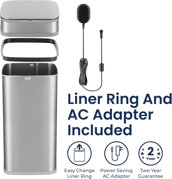 NINESTARS 13 Gallon Odor Neutralizing Smart Trash Can, UV + Ozone Dual Purification, Odor Control Motion Sensor Garbage Bin, Universal Power Adapter, ONT-50-82SL Stainless Steel, Silver, Nova Series