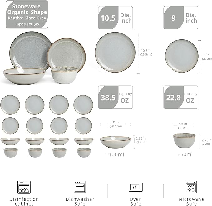 Highland 16pc Dinnerware Set, Unique Organic Shape Double Bowl, Stoneware Plate & Bowl Dish Set Service For 4, Scratch Resistant, Microwave & Dishwasher Safe, Natural Reactive Glaze, Grey