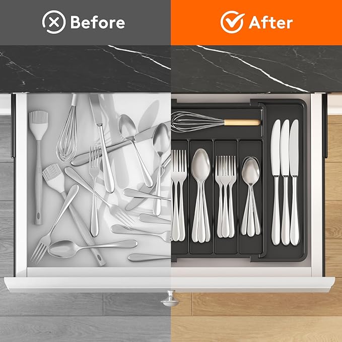 Lifewit Medium Silverware Drawer Organizer, Expandable Utensil Tray for Kitchen, BPA Free Flatware and Cutlery Holder, Adjustable Plastic Storage for Spoons Forks Knives, Black