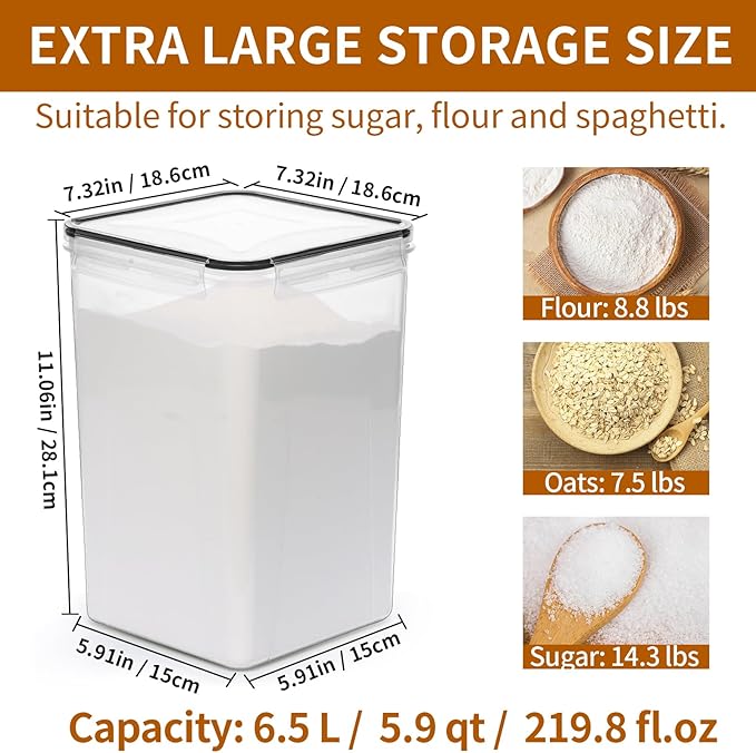 4 Pack Extra Large Airtight Food Storage Containers with Lids (6.5L / 220 oz), BPA Free Plastic Kitchen and Pantry Organization Contianers for Cereal Flour and Sugar Storage, Labels & Marker