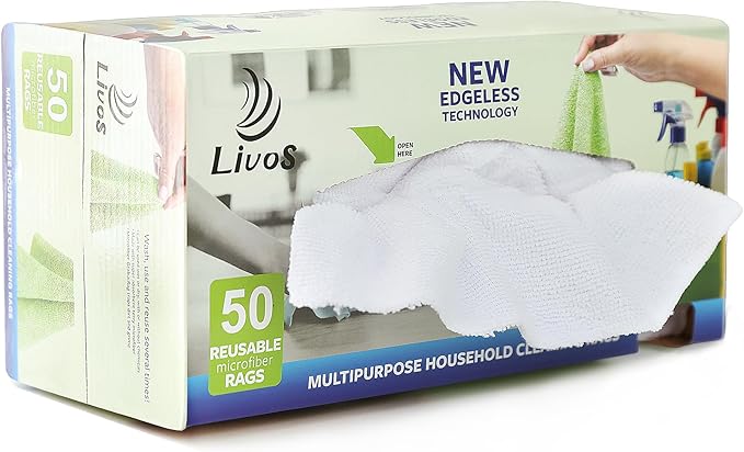LIVOS 50 Pack Microfiber Cleaning Cloth in Box, Reusable Cleaning Rags, 11.5"x11.5", Edgeless Microfiber Wipes, Lint Free, Absorbent Shop Towels for Kitchen, Car, Glass (White)