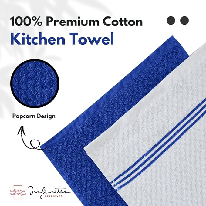 Infinitee Xclusives 100% Cotton Kitchen Towels - 15x25 Inch Ultra Soft Tea Towel, Super Absorbent Terry Dish Towels for Kitchen Linens |Blue|