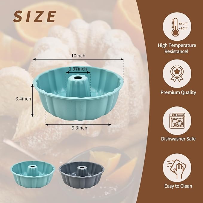 2 Pack Silicone Bundt Cake Pan Nonstick,10 Inch, Silicone Cake Molds,Pound Cake Pan, Baking for Jello,Gelatin,Cake,Brownie and Bread (Grey+Blue)