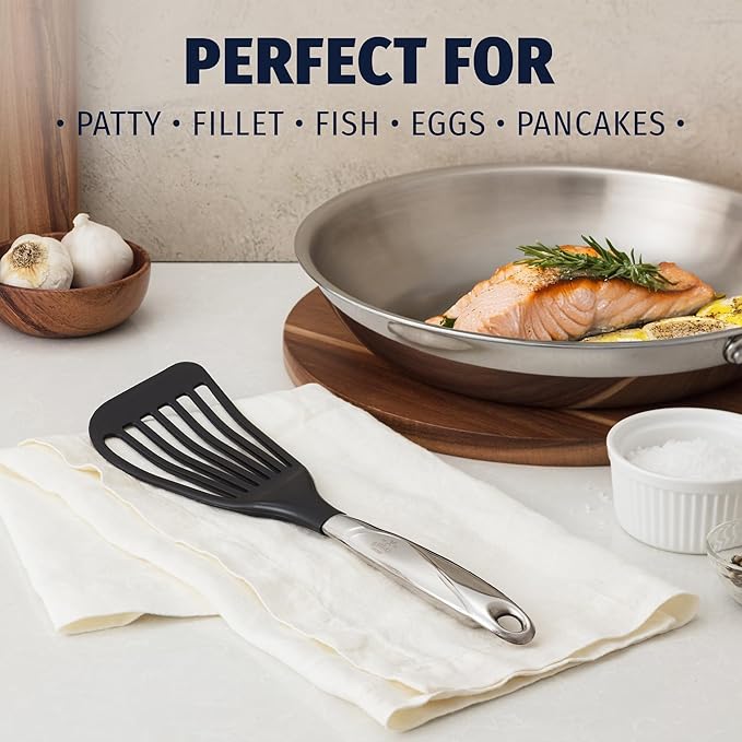 Zulay Kitchen Premium Fish Spatula Stainless Steel - Slotted, Non-Stick & Easy to Clean Fish Turner with Ergonomic Handle - Perfect for Cooking & Dishwasher Safe 12.8"