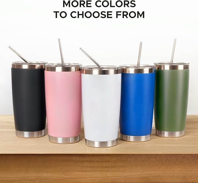 OMTech 20oz Tumblers Bulk, 6pc Stainless Steel Tumbler Set with Lid & Straw, Double Wall Vacuum Insulated Mug for Laser Engraver, Travel Coffee Mug for Hot & Cold Drinks, Army Green Powder Coated Cup
