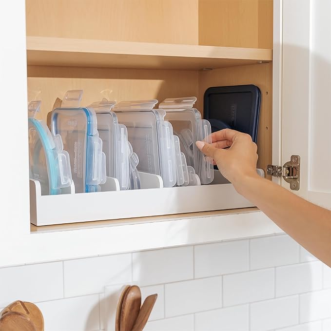 Bamboo Kitchen Towel and Food-Storage Organizer, Perfect for Kitchen Drawers, Cabinets, Pantry, 5 Adjustable Wall Inserts, Non-Slip Feet, Organize Food Containers, Food-Safe White Finish