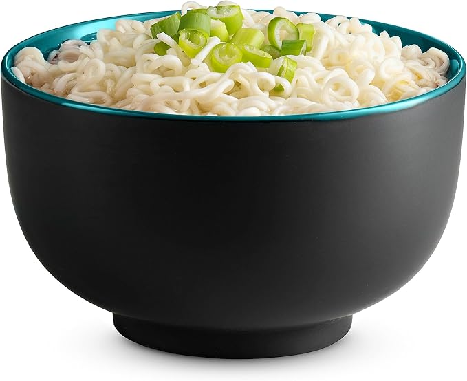 KooK Ramen Bowl, Japanese Bowls, Noodle Bowls, Large Soup Bowl, Ceramic, Large Capacity, For Ramen, Pho, Udon, Soba, Microwave and Dishwasher Safe, 34 oz, Set of 4 (Black/Teal)