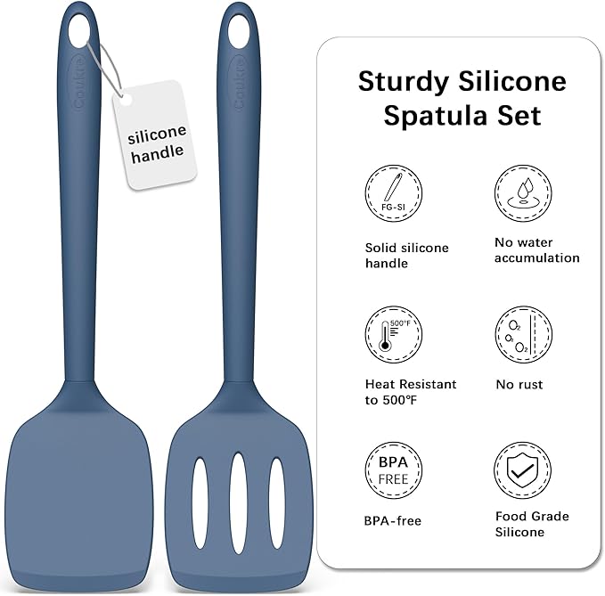 Coukre 2 Pack Silicone Spatula Set, High Heat Resistant, BPA Free Kitchen Spatula, Solid & Slotted Turner for Non-Stick Pans, Sautéing, and Flipping (2, PureDarkBlue)